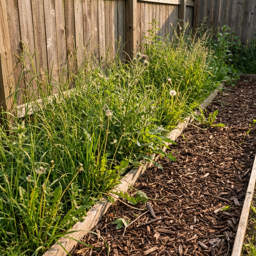 A real backyard garden edge with tall grass and weeds along a fence line next to a mulched bed