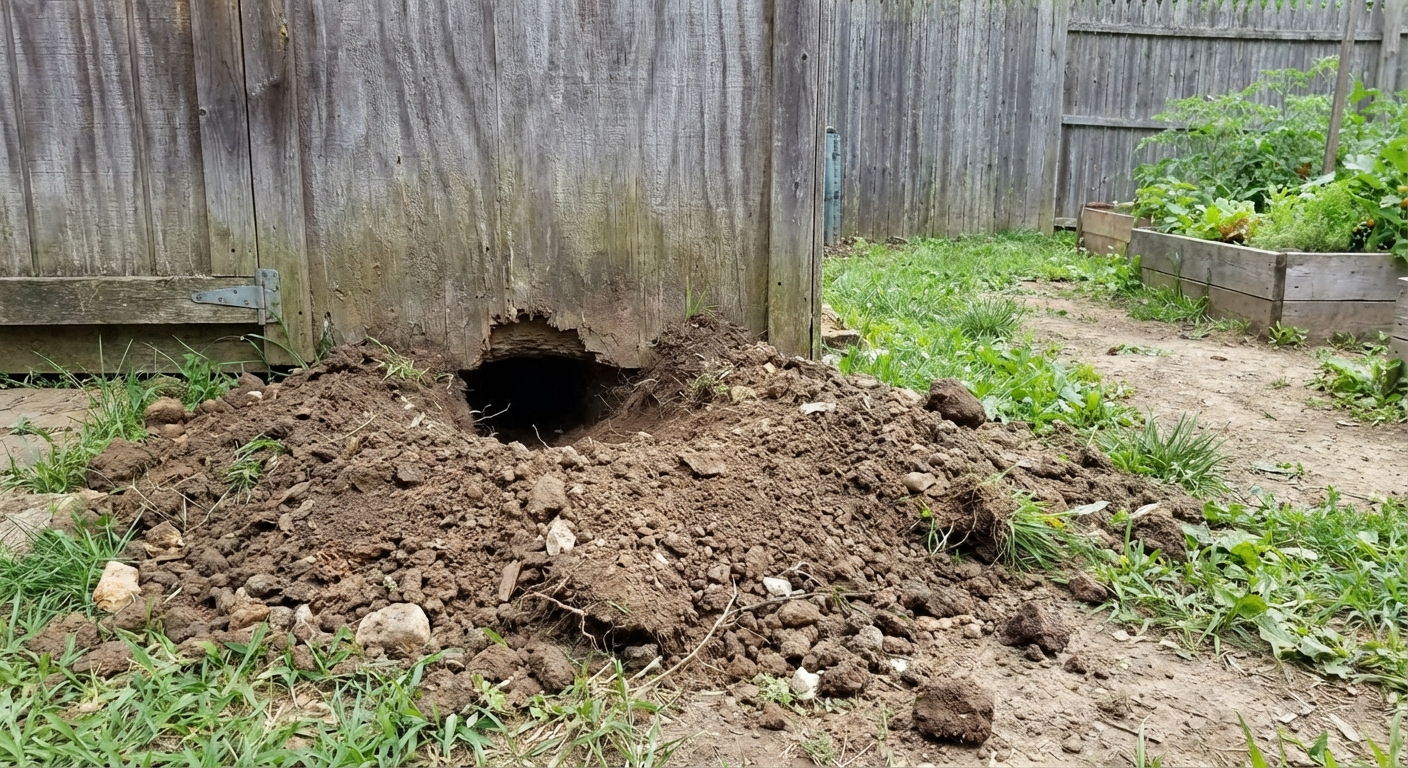 A real backyard scene showing a groundhog burrow entrance at the base of a shed with loose soil around it