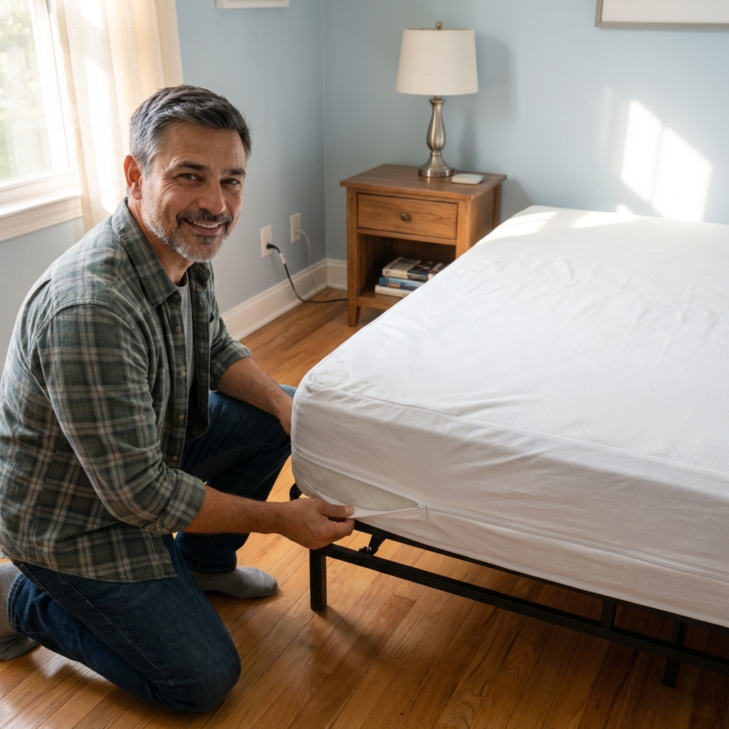 A real bedroom with a white mattress encasement and the bed pulled slightly away from the wall