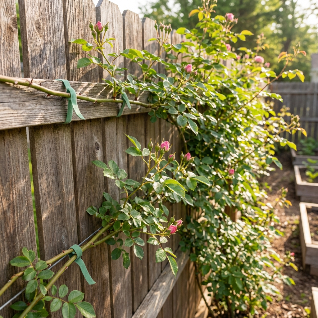 A real climbing rose on a fence with long canes tied horizontally using soft garden ties on a bright spring morning