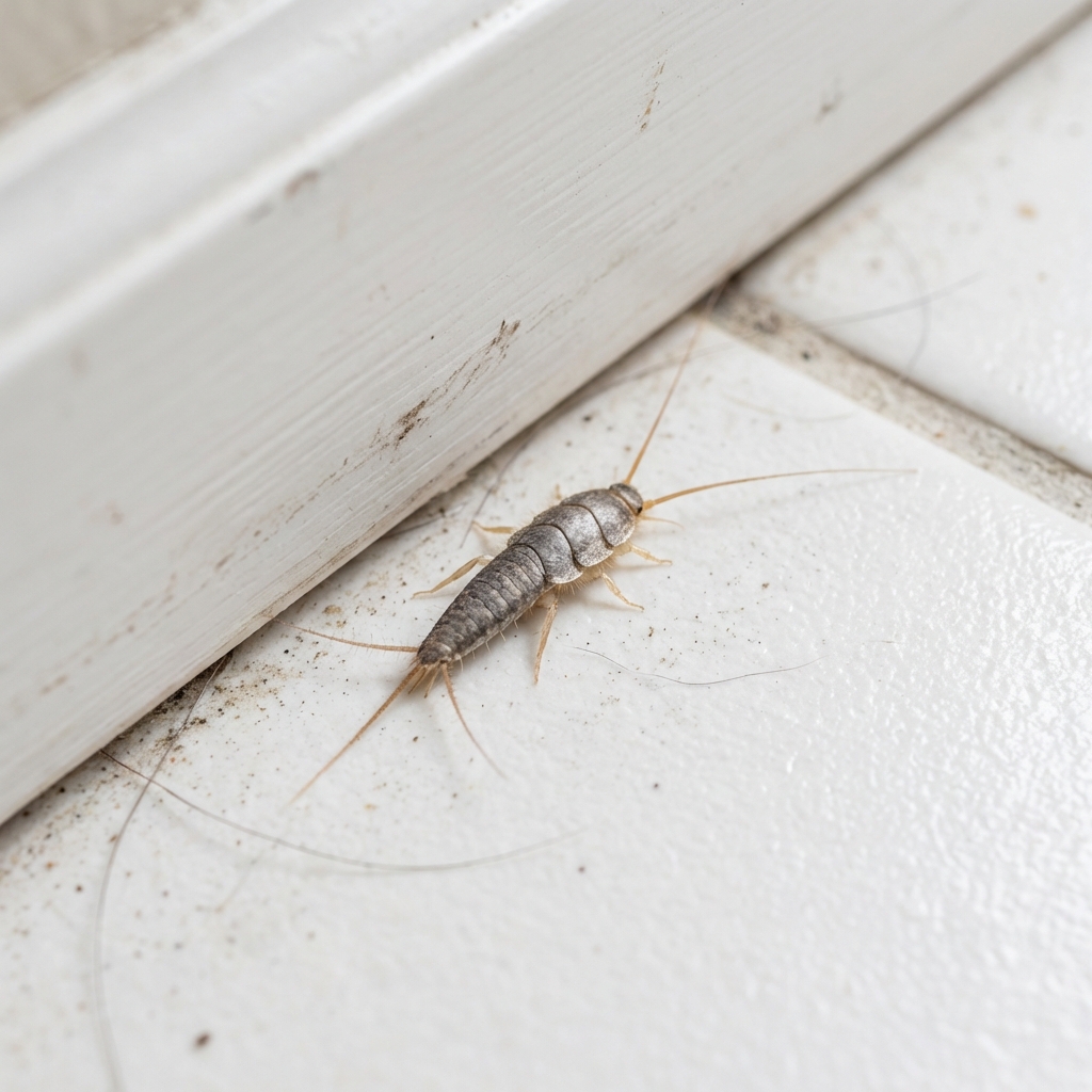 A real close-up photo of a silverfish insect on a bathroom tile near a baseboard
