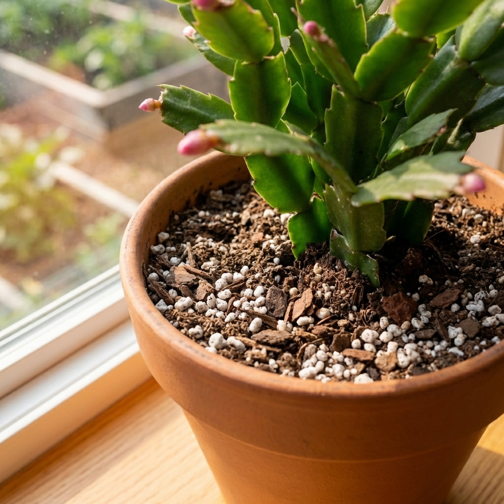 A real close-up photograph of a Christmas cactus in a small terracotta pot showing a well-draining potting mix surface with perlite