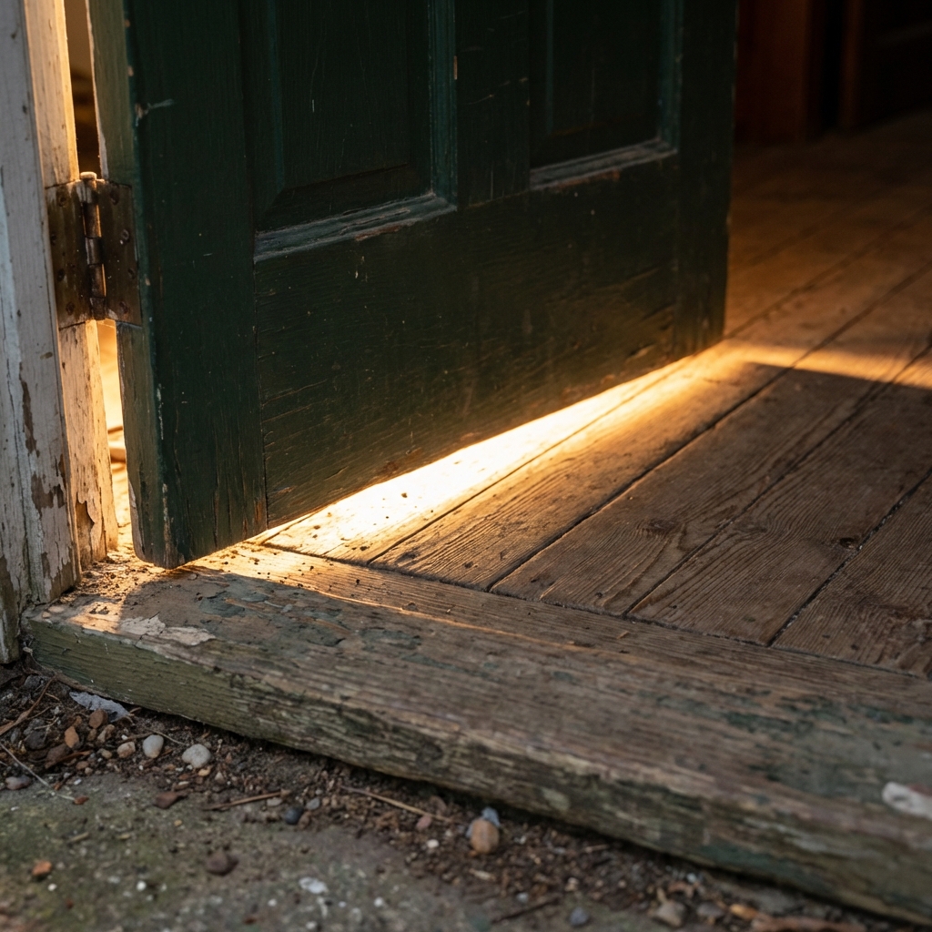 A real exterior door threshold with visible light coming through under the door