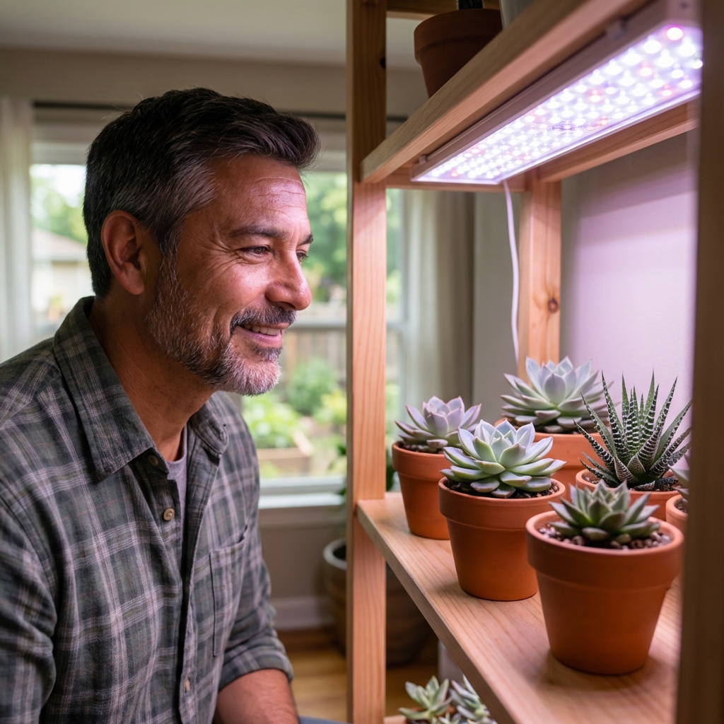 A real indoor plant shelf with a single LED grow light shining on a few small potted succulents