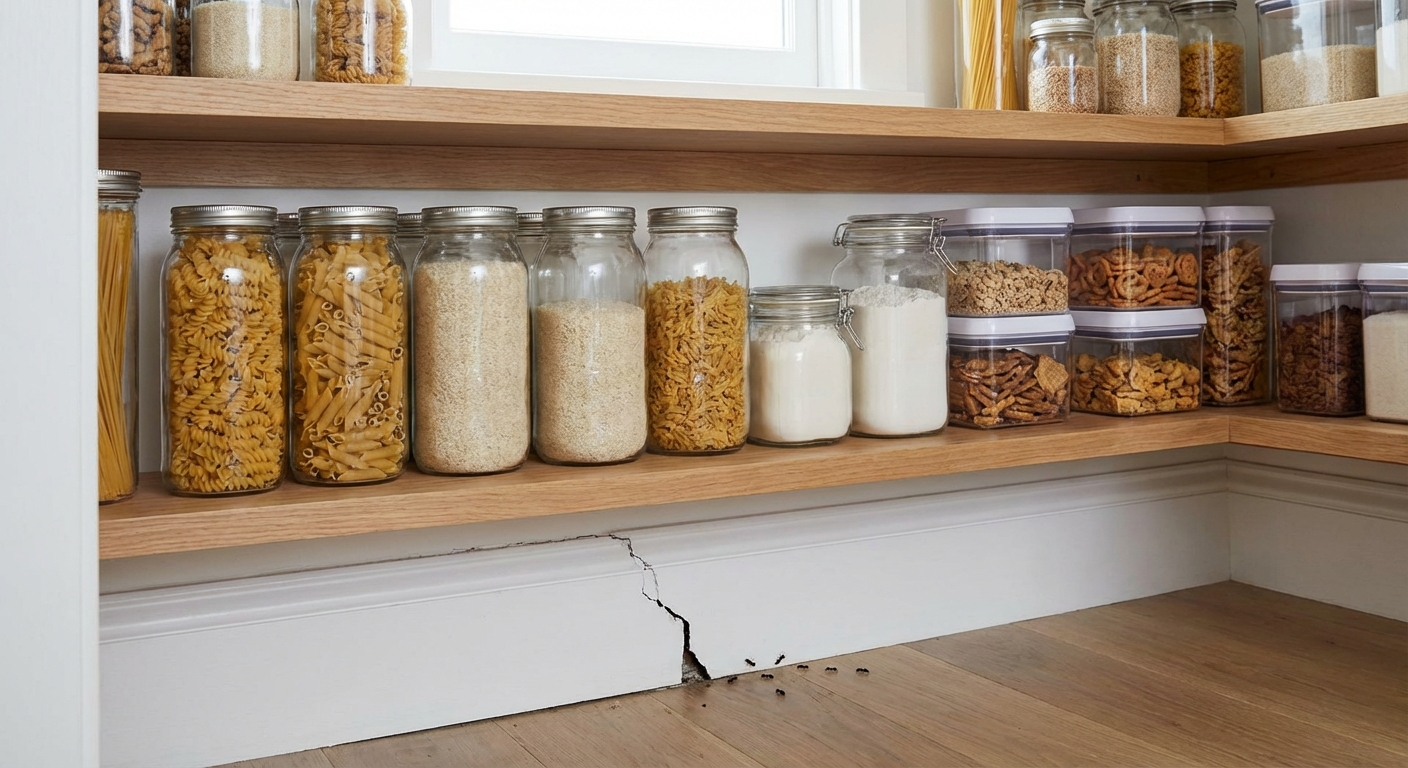 A real pantry shelf with sealed containers and a small gap at the baseboard where ants could enter