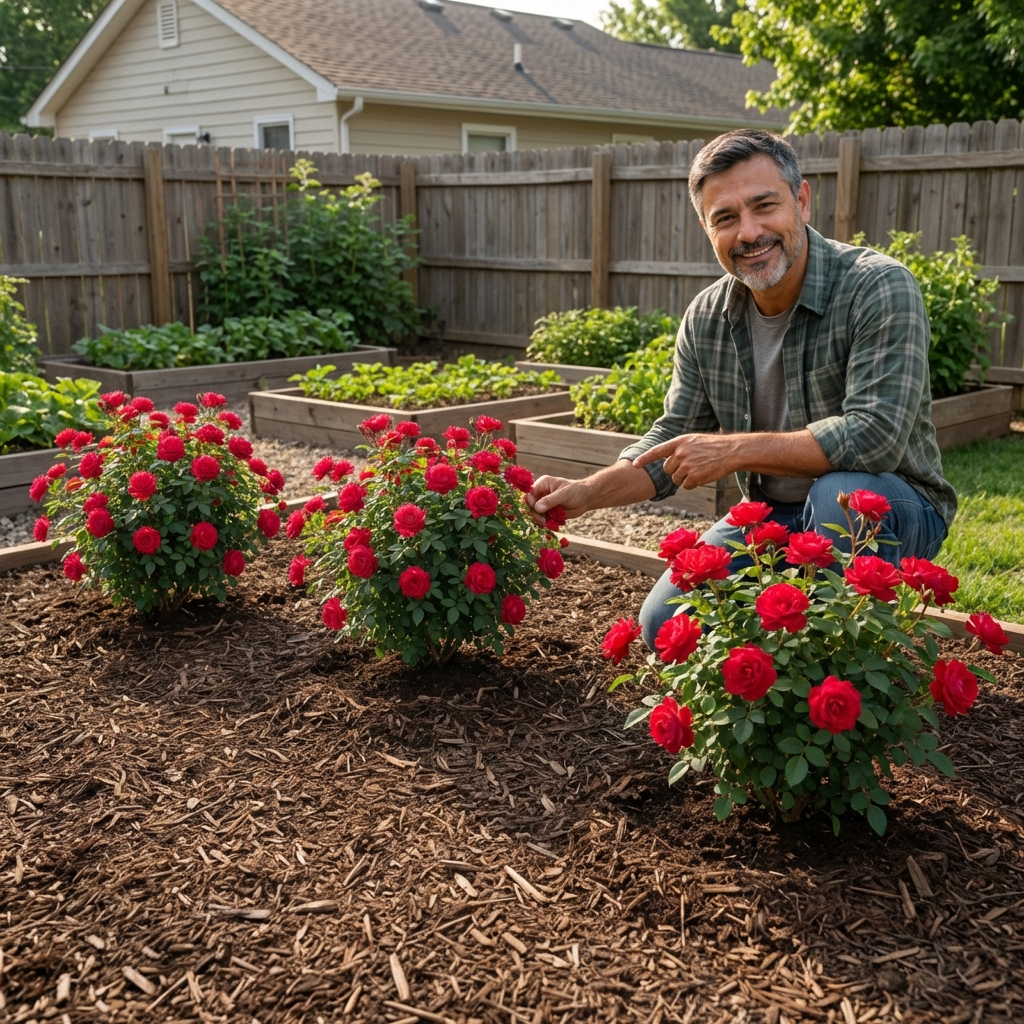 A real photo of Knock Out rose shrubs planted in a mulched bed with noticeable space between plants for airflow