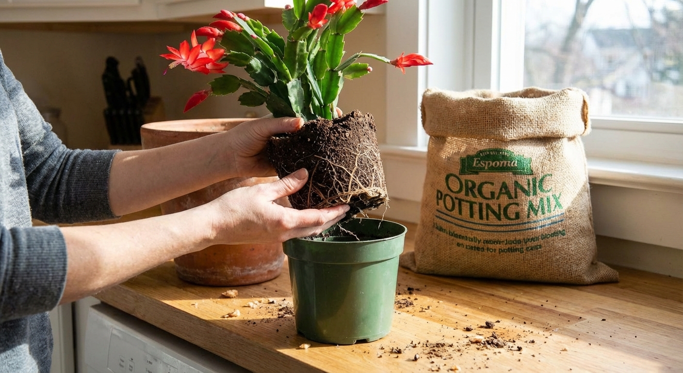 A real photo of a Christmas cactus being lifted out of a small pot with roots visible around the outer edge