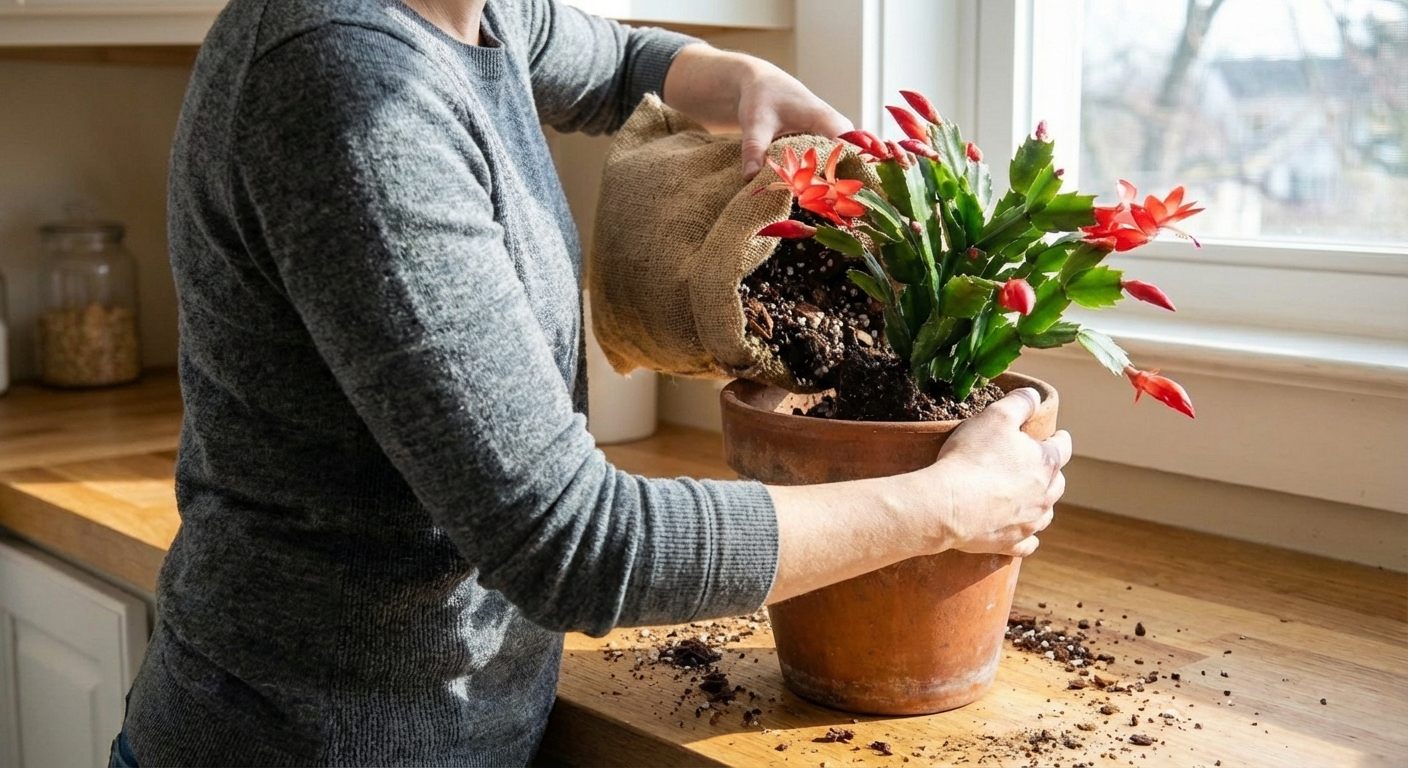 A real photo of a Christmas cactus centered in a new pot while someone pours fresh potting mix around the root ball