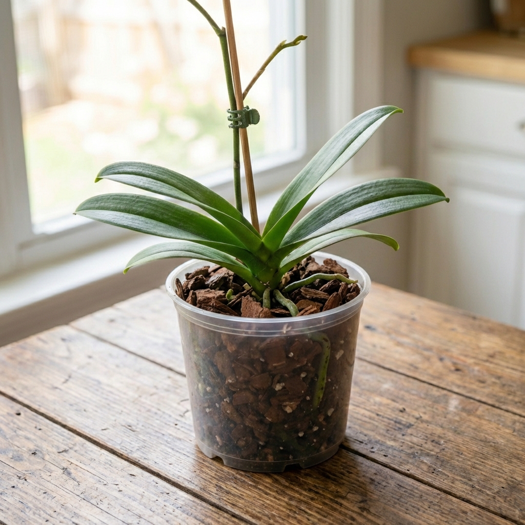 A real photo of a Phalaenopsis orchid in a clear pot with fresh bark mix and a small stake holding the plant steady