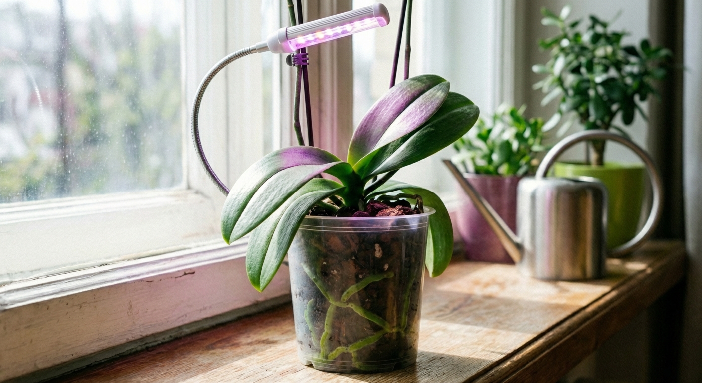 A real photo of a Phalaenopsis orchid on a winter windowsill with a small grow light above it