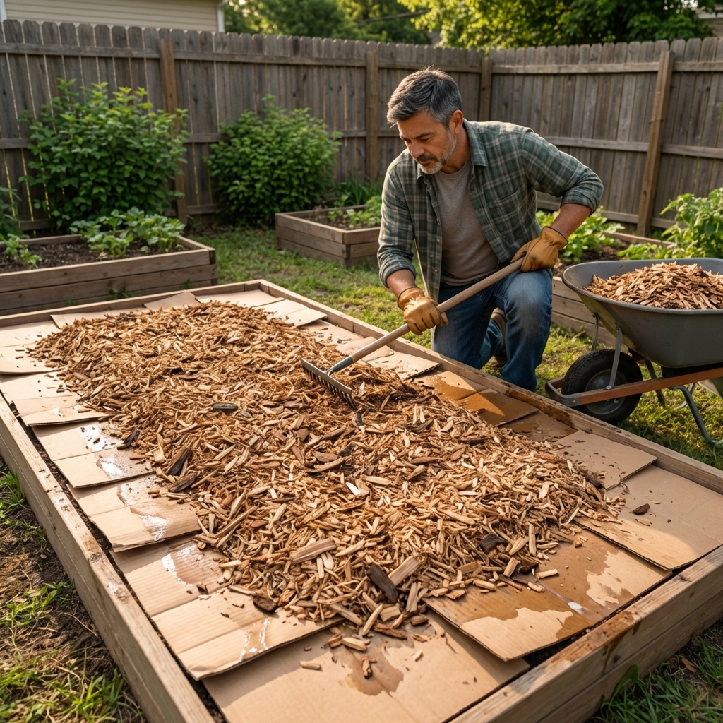 A real photo of a backyard bed covered with overlapping cardboard sheets and topped with fresh wood chip mulch