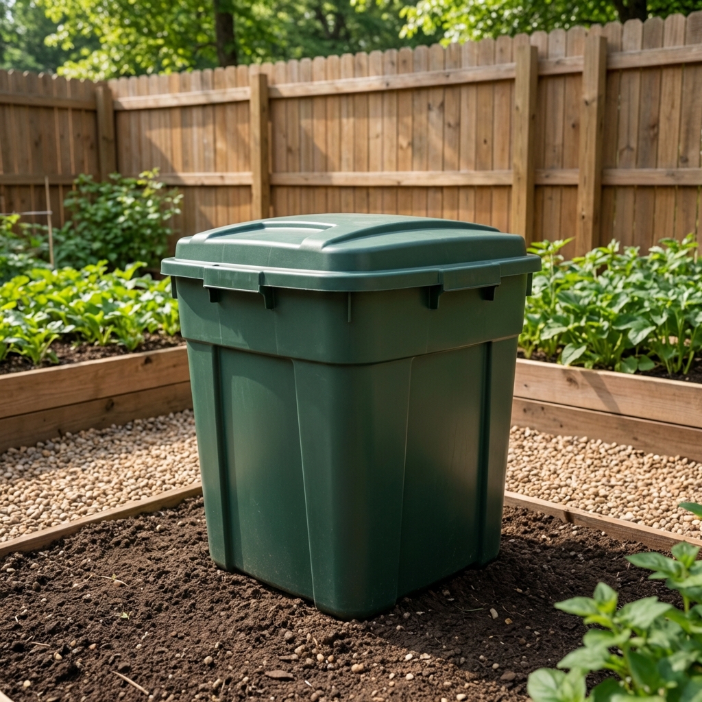 A real photo of a backyard compost bin on a clean surface with the lid closed and no food scraps visible around it