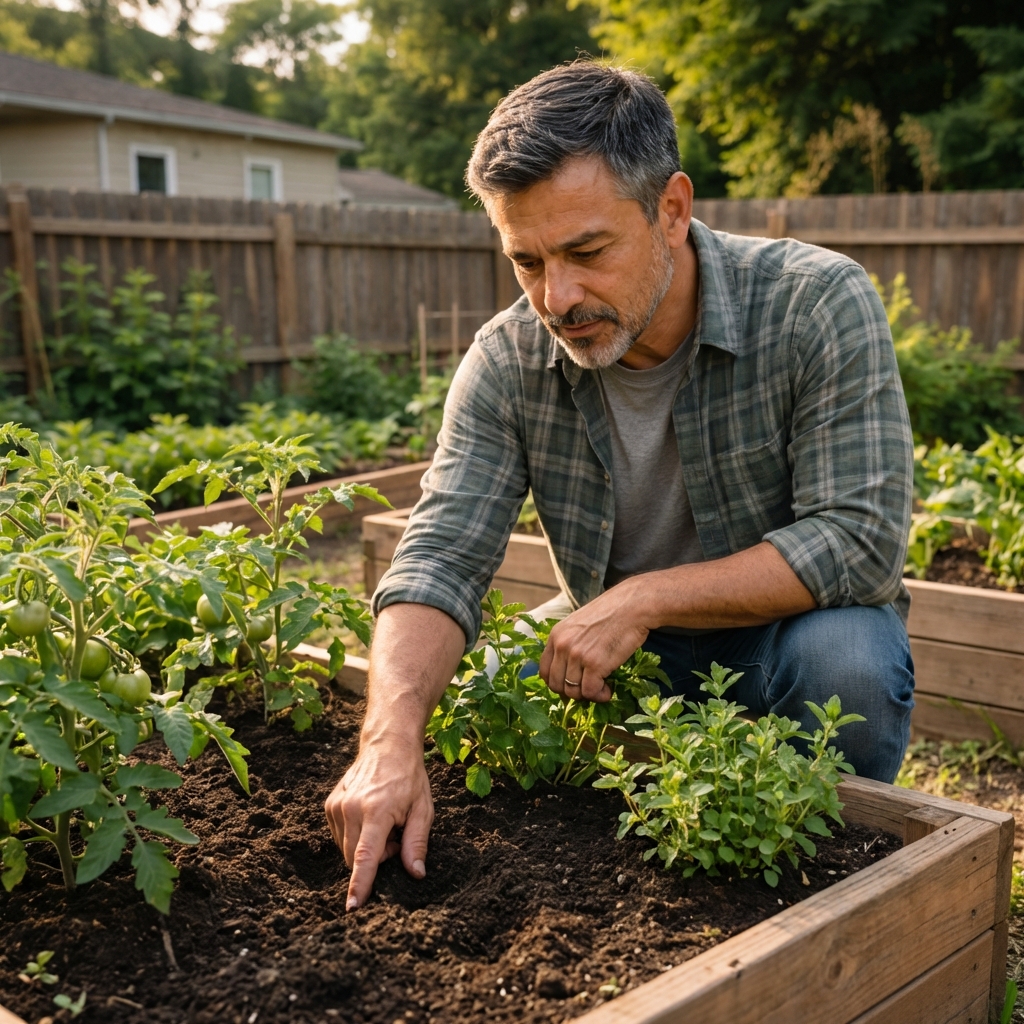 A real photo of a backyard garden bed with healthy green plants and a gardener checking soil moisture with a finger