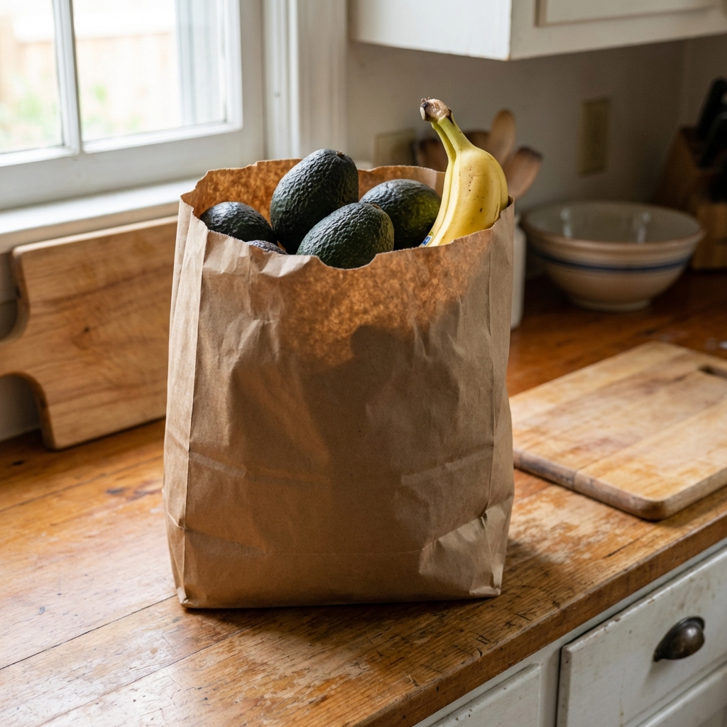 A real photo of a brown paper bag on a kitchen counter with avocados and a banana partially visible inside