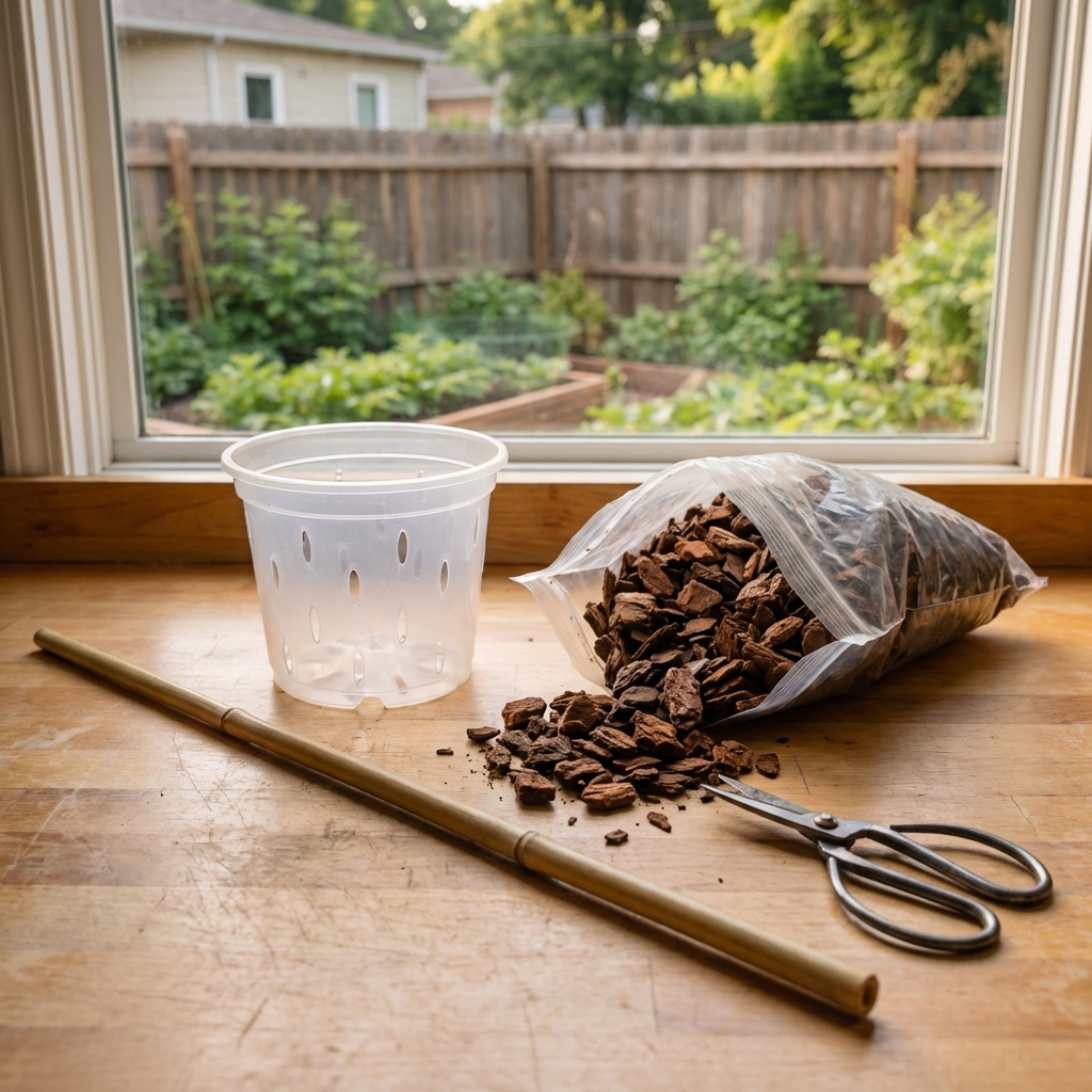 A real photo of a clear plastic orchid pot, bark mix, scissors, and a bamboo stake laid out on a kitchen counter