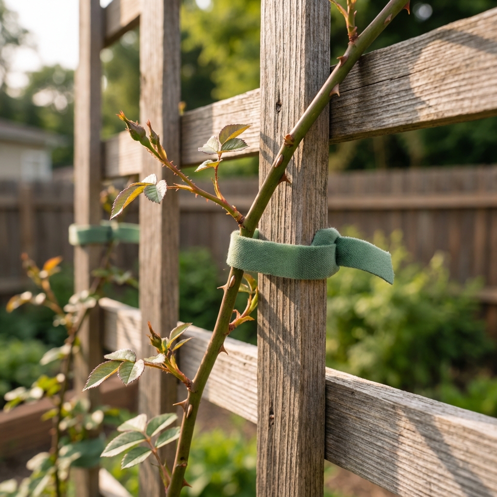 A real photo of a climbing rose cane tied to a wooden trellis with soft garden ties in a backyard