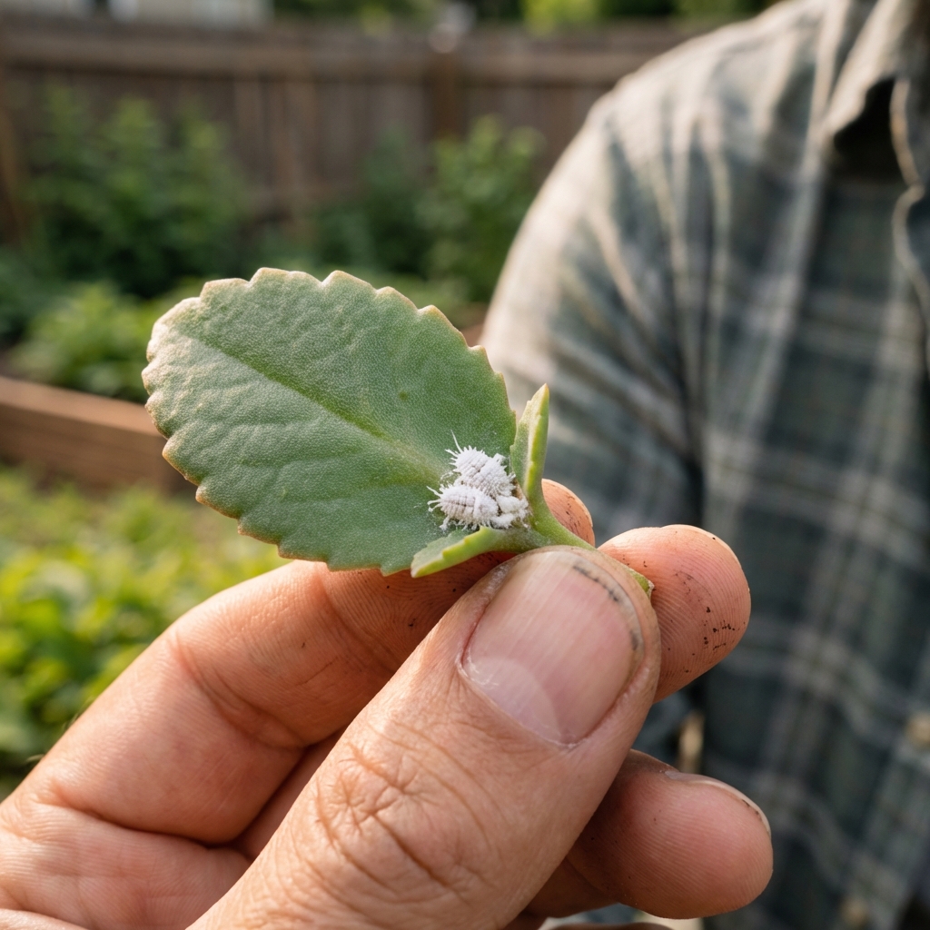 A real photo of a close-up kalanchoe leaf showing a small cluster of white mealybugs near the stem joint