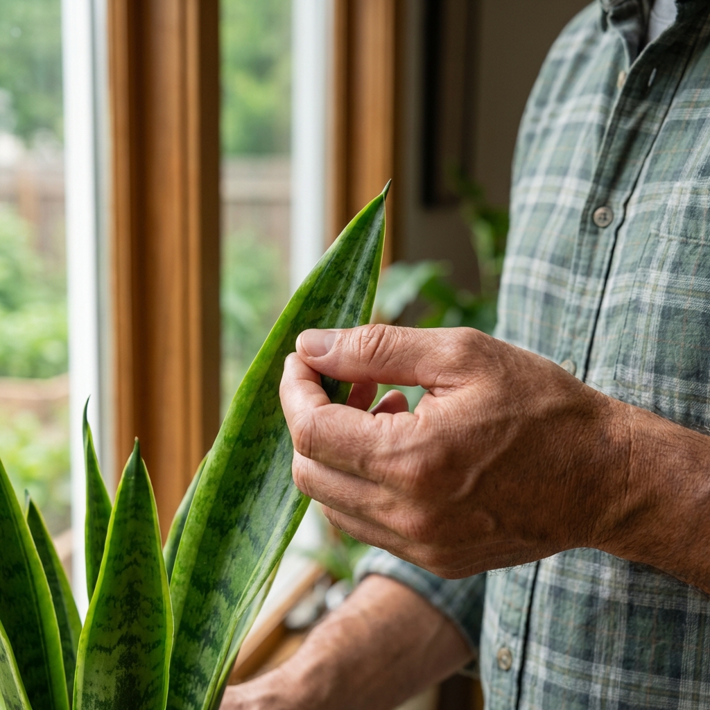 A real photo of a close-up of a snake plant leaf being inspected by hand near a window
