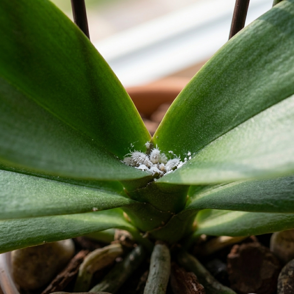 A real photo of a close-up orchid leaf with a few visible mealybugs near the leaf joint