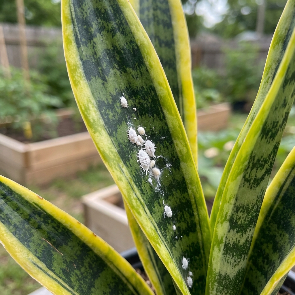 A real photo of a close-up snake plant leaf showing a few mealybugs on the surface
