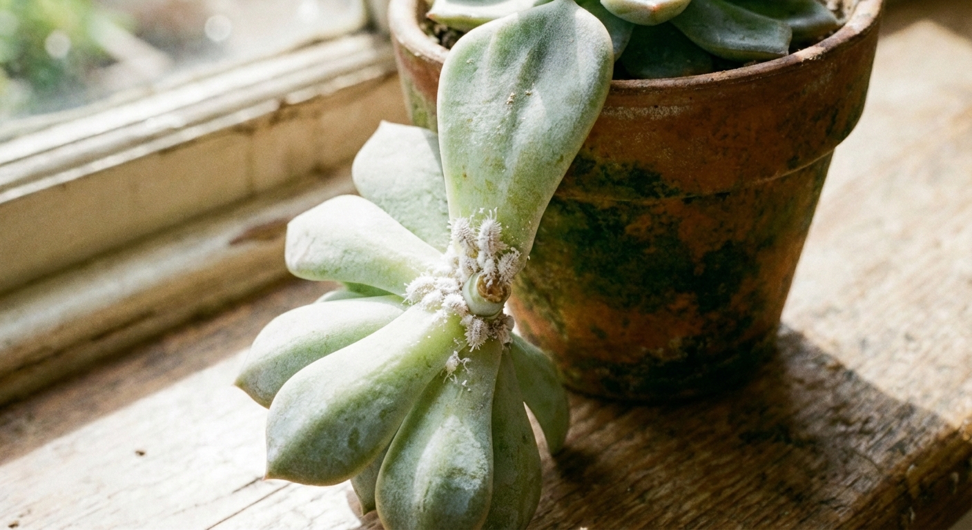 A real photo of a close-up succulent leaf with visible white mealybugs clustered near the stem