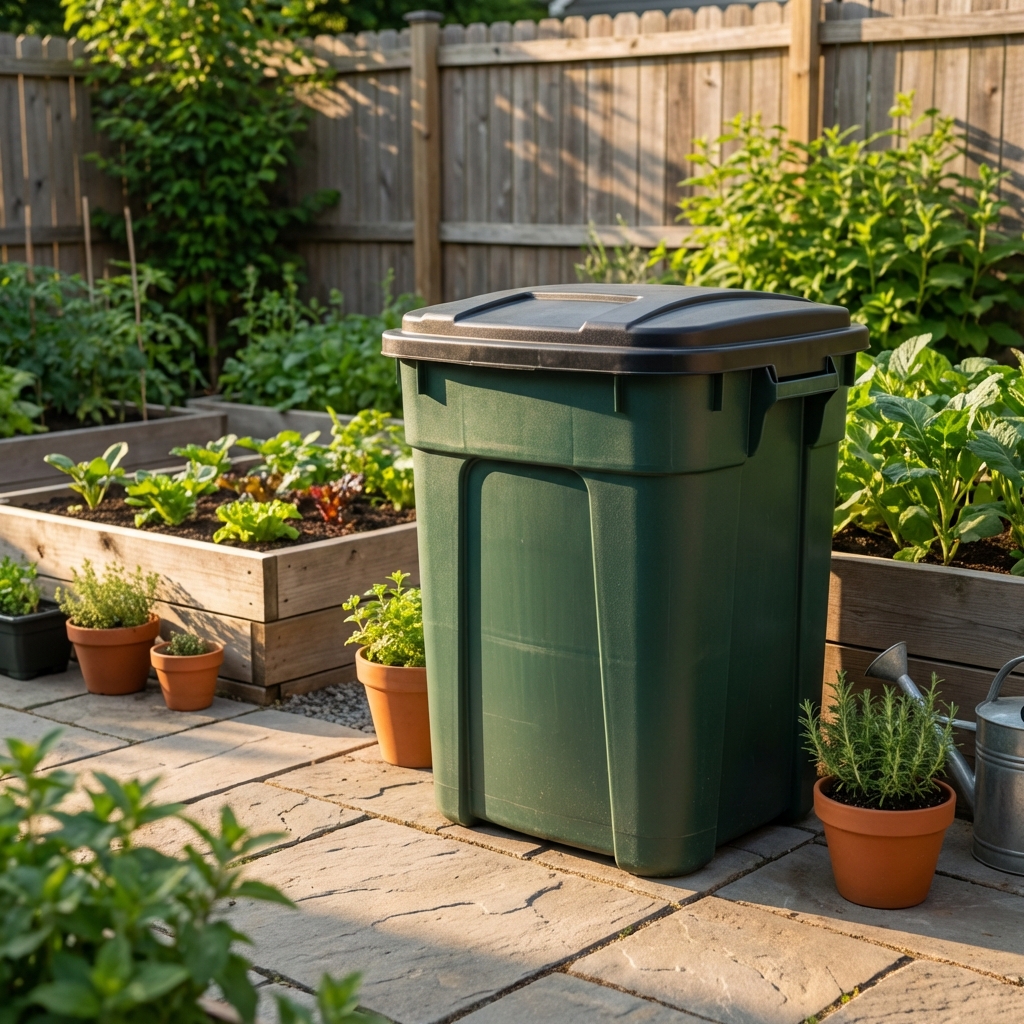 A real photo of a closed compost bin with a tight lid sitting on a tidy patio area