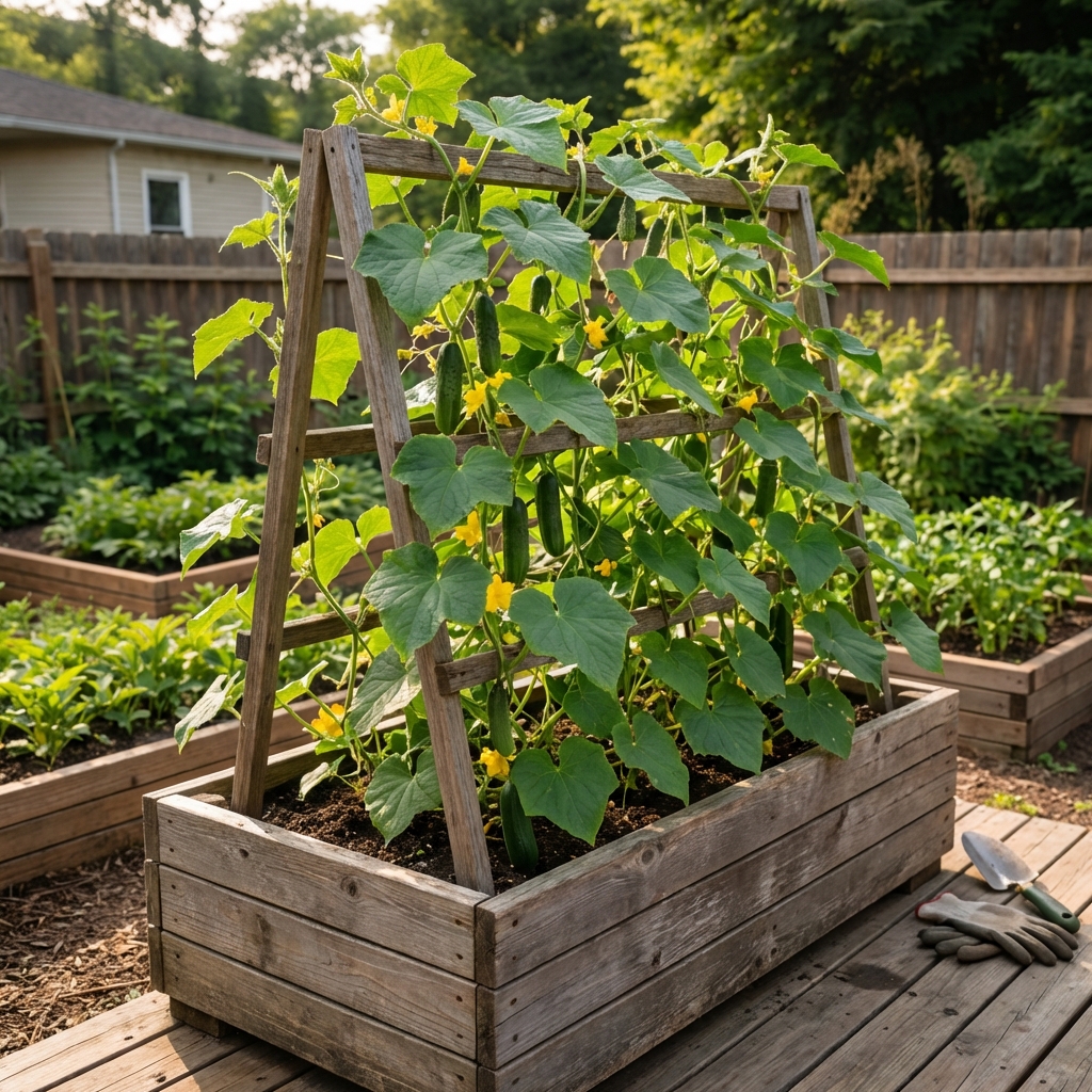 A real photo of a cucumber vine climbing a simple wooden trellis in a large container on a deck