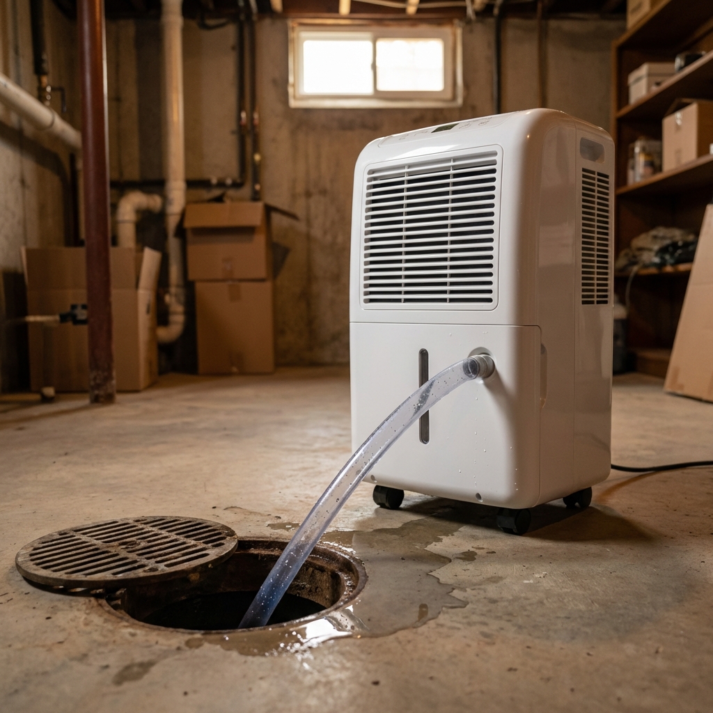 A real photo of a dehumidifier running in a basement next to a floor drain