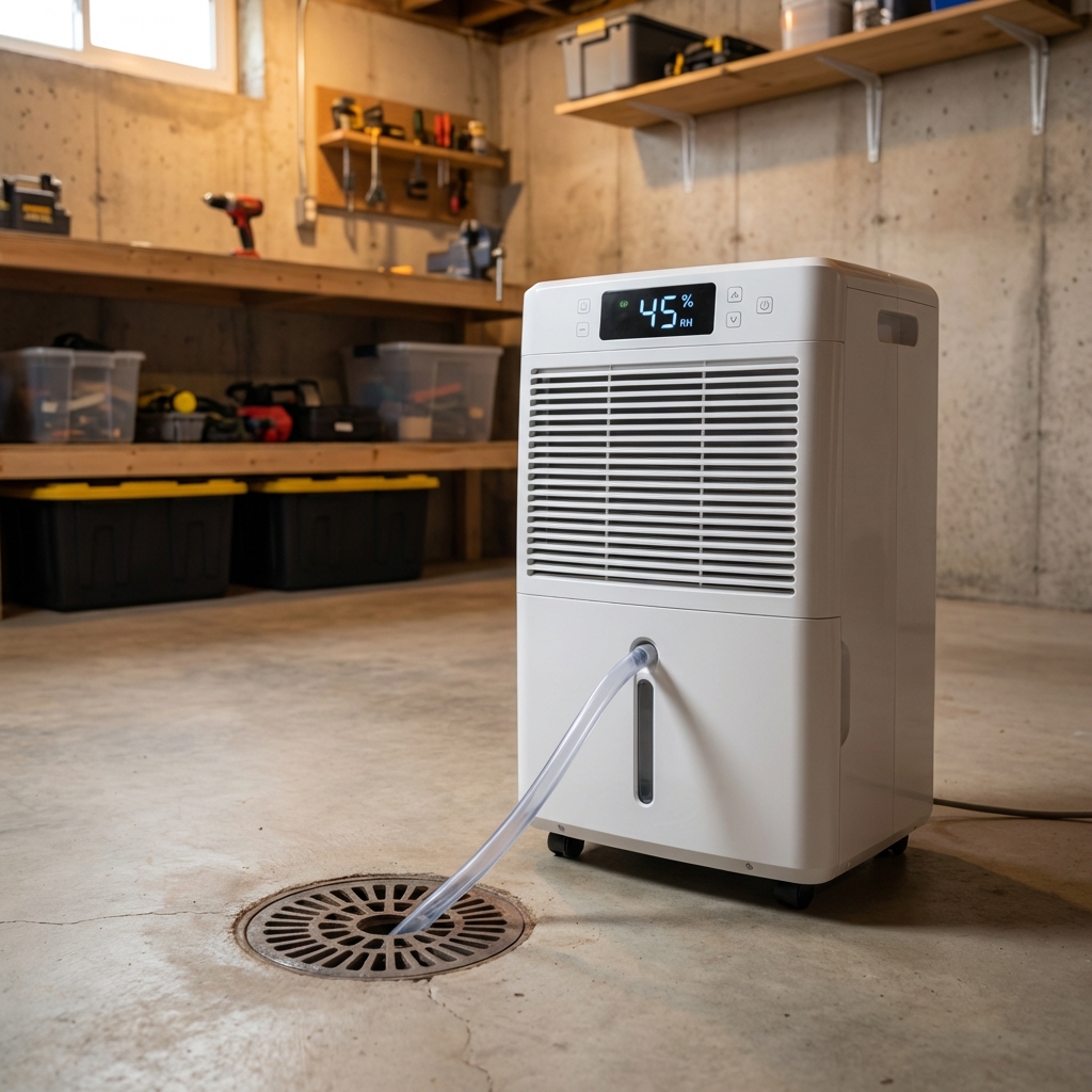 A real photo of a dehumidifier running in a basement next to a floor drain