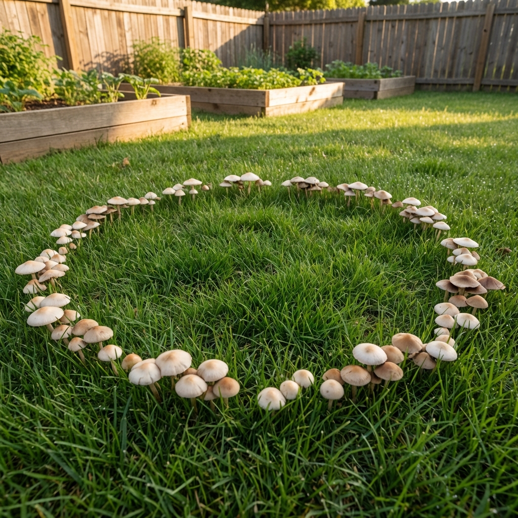 A real photo of a faint ring of mushrooms forming a circle in a grassy backyard