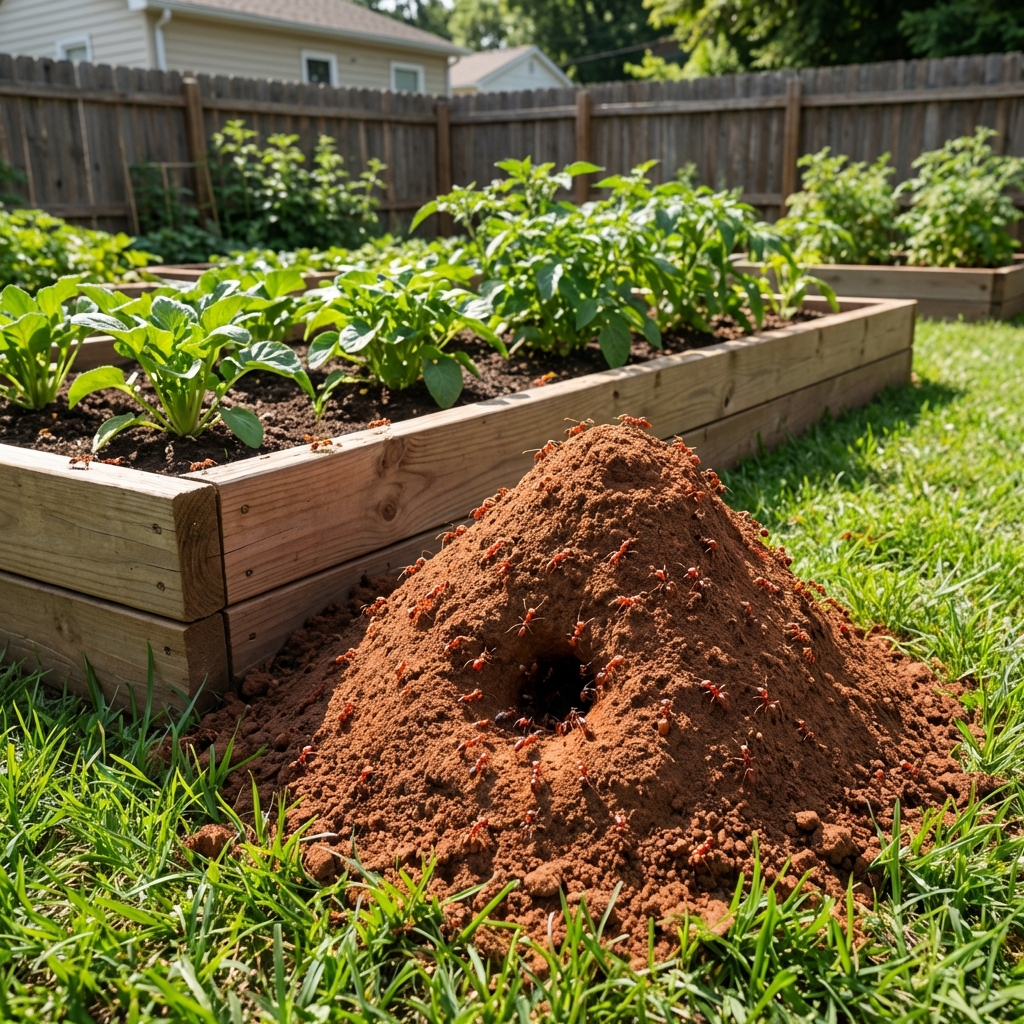 A real photo of a fire ant mound in a lawn near a garden bed in bright daylight