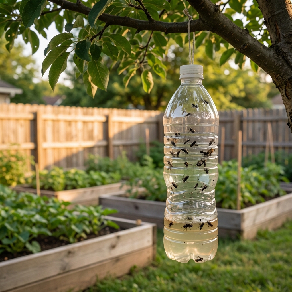 A real photo of a fly trap hanging from a tree branch at the edge of a backyard garden