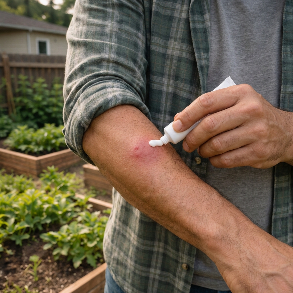 A real photo of a forearm with a small circular red swollen patch from a sting with a person gently applying hydrocortisone cream