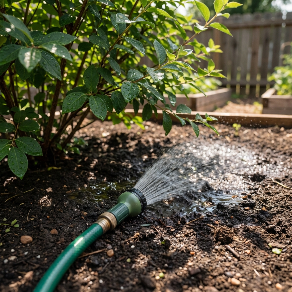 A real photo of a garden hose watering a shaded patch of soil under a backyard shrub