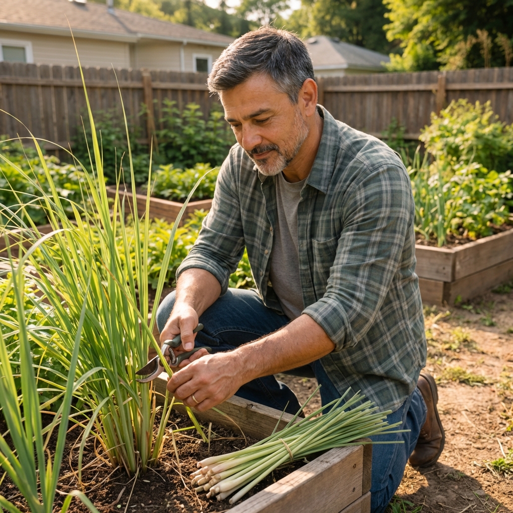 A real photo of a gardener cutting lemongrass leaves with pruners in a backyard garden bed on a sunny day
