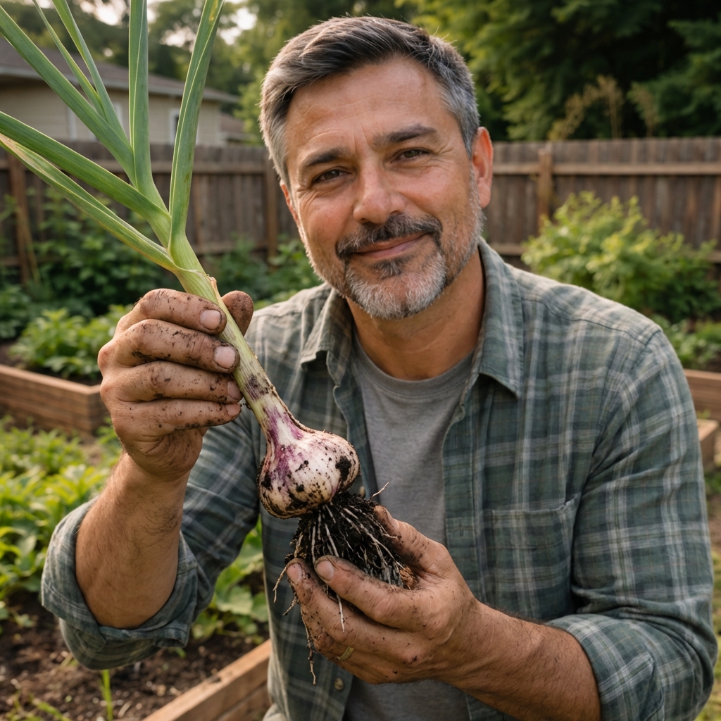 A real photo of a gardener holding a pulled garlic plant showing roots and a developing bulb with soil still clinging to it