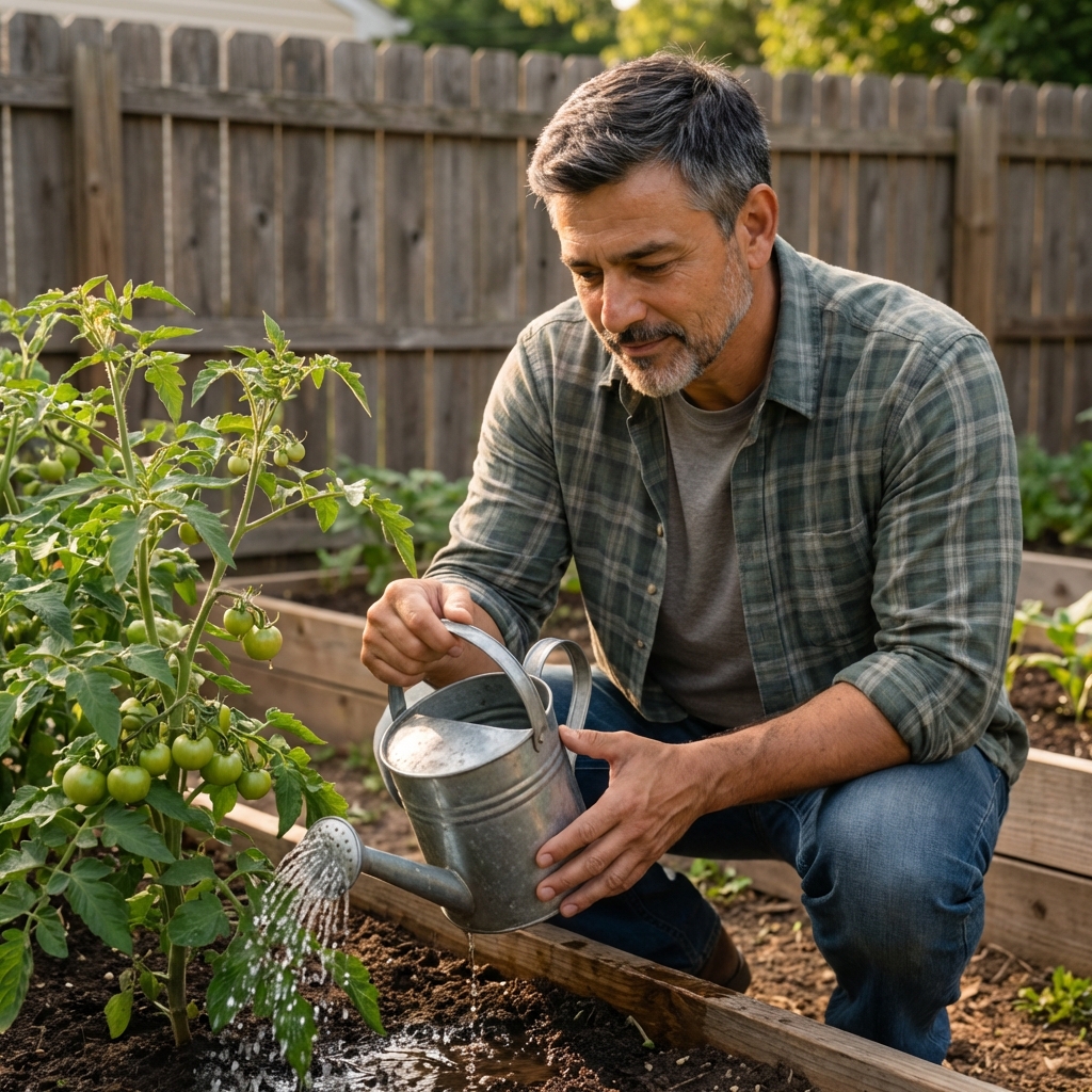 A real photo of a gardener watering a tomato plant at the base with a watering can in a backyard garden