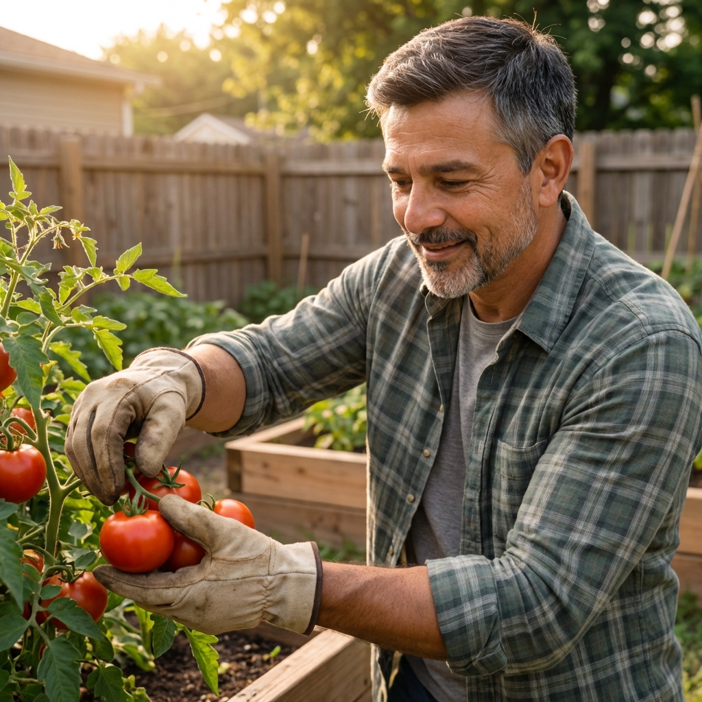 A real photo of a gardener wearing gloves harvesting tomatoes in a backyard garden