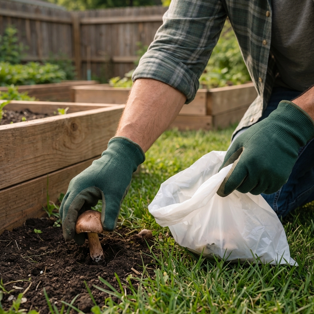A real photo of a gloved hand pulling a mushroom from lawn soil and placing it into a small trash bag