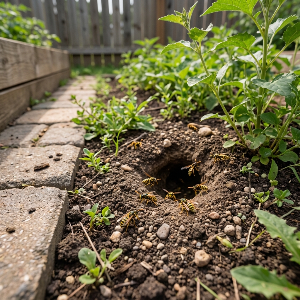 A real photo of a ground yellowjacket nest entrance in a garden bed near a stone walkway
