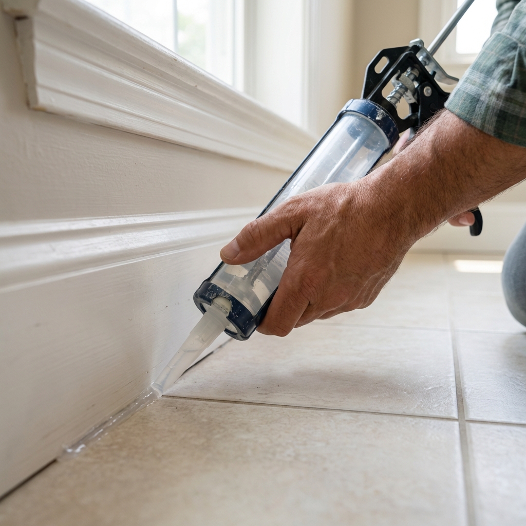 A real photo of a hand applying clear caulk along a baseboard gap in a bathroom
