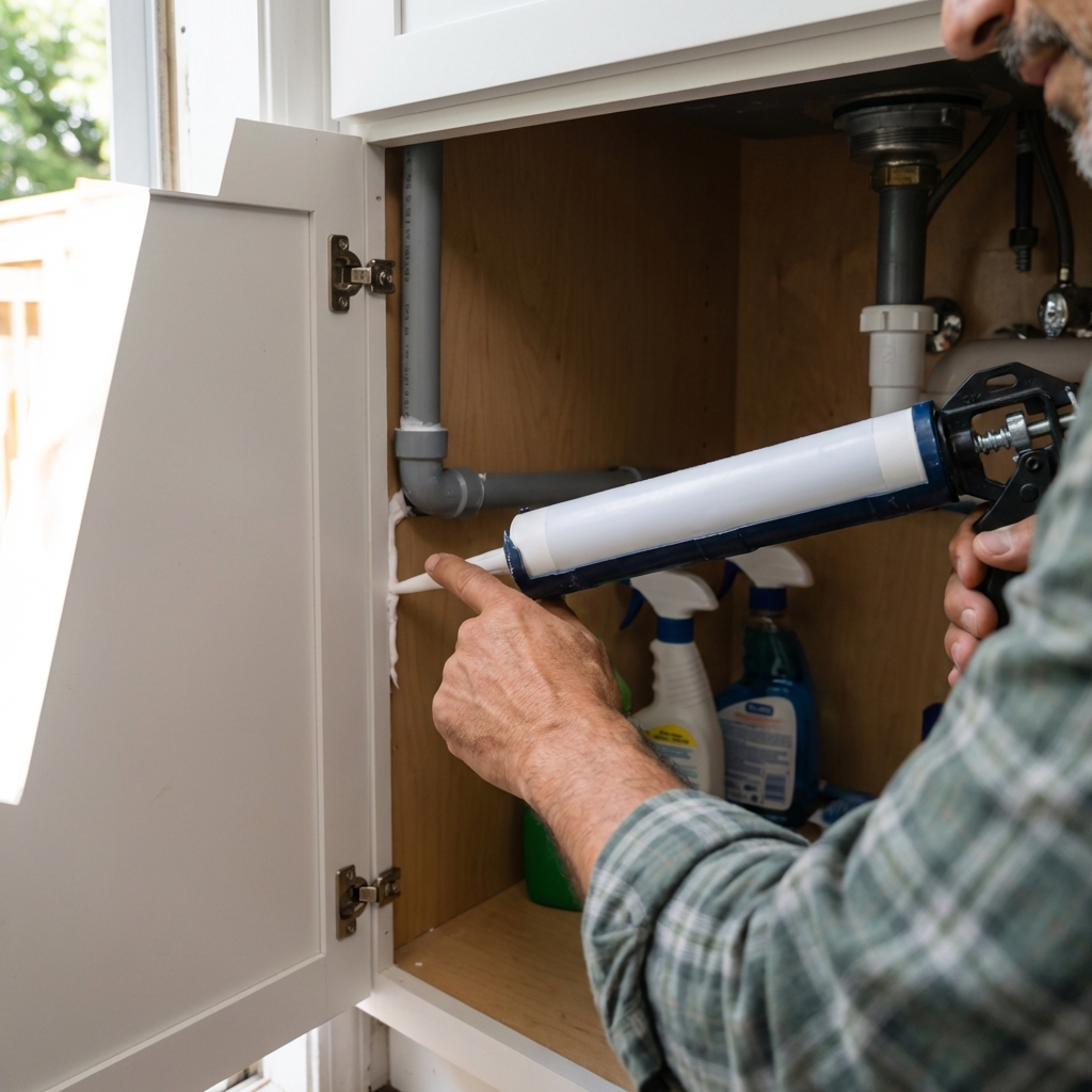 A real photo of a hand applying white caulk along a gap where a pipe enters a cabinet
