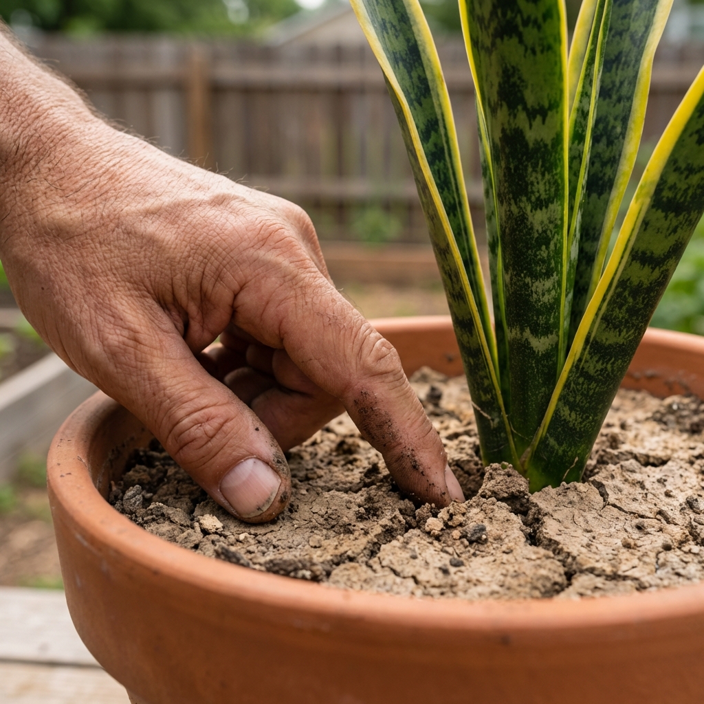A real photo of a hand checking dry soil in a snake plant pot with a finger