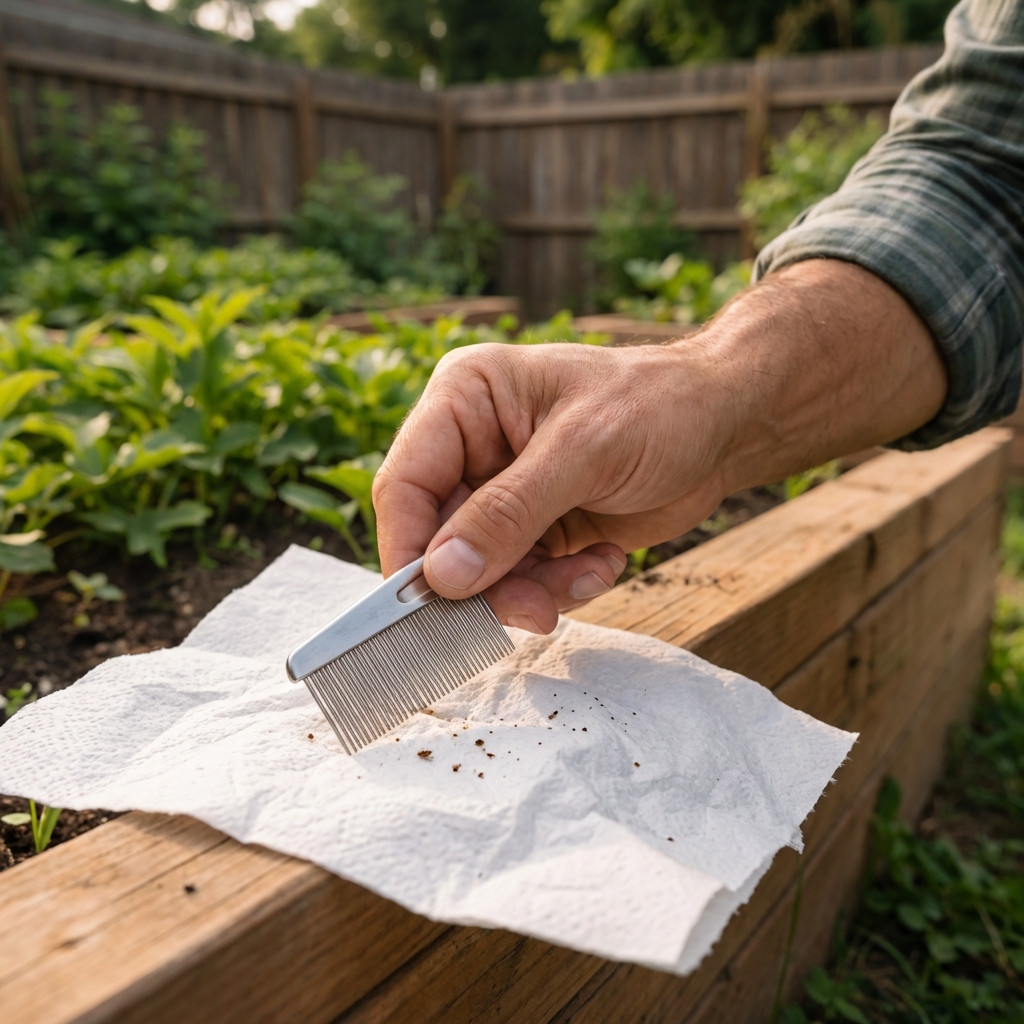 A real photo of a hand holding a flea comb over a white paper towel