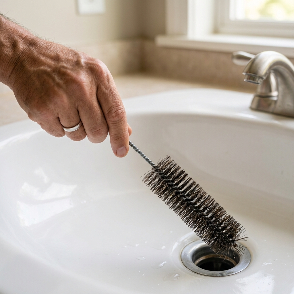 A real photo of a hand holding a long drain brush over a bathroom sink drain