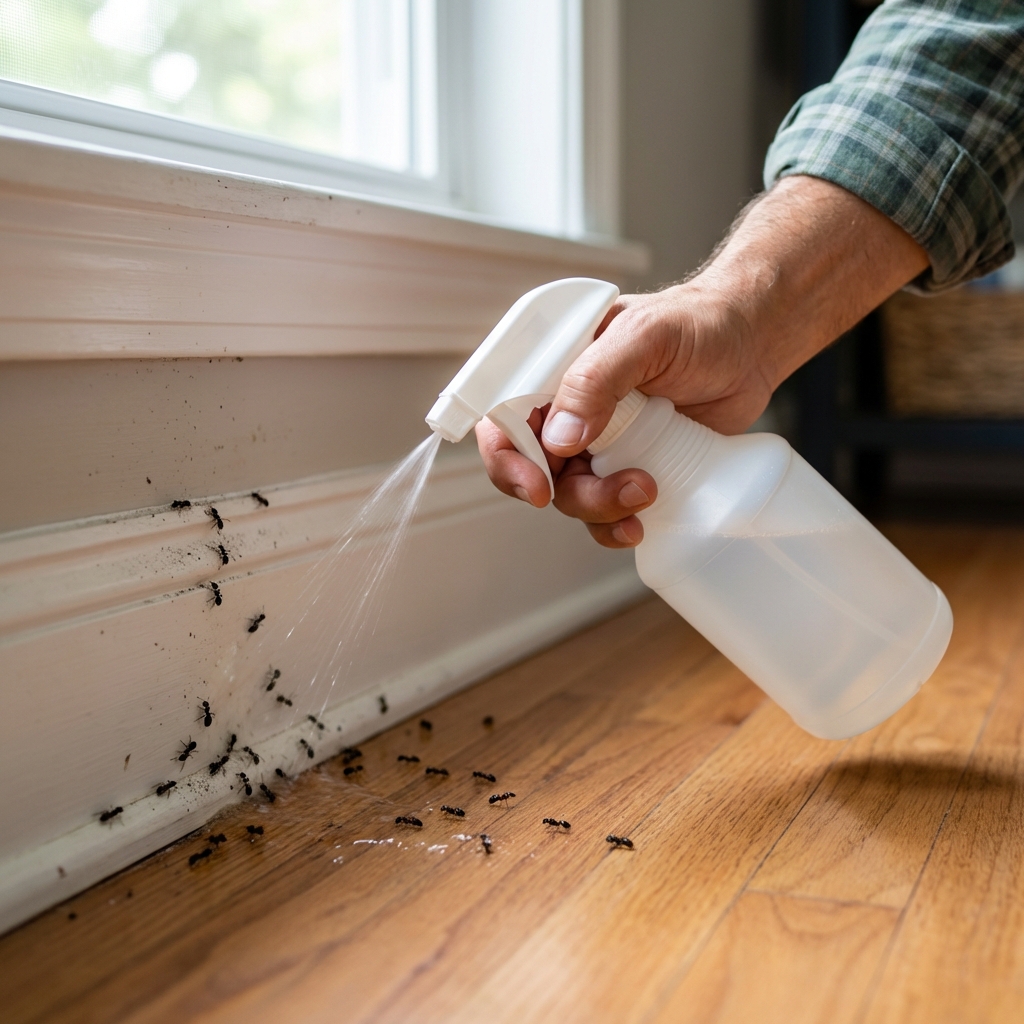 A real photo of a hand holding a spray bottle cleaning a baseboard where ants were traveling