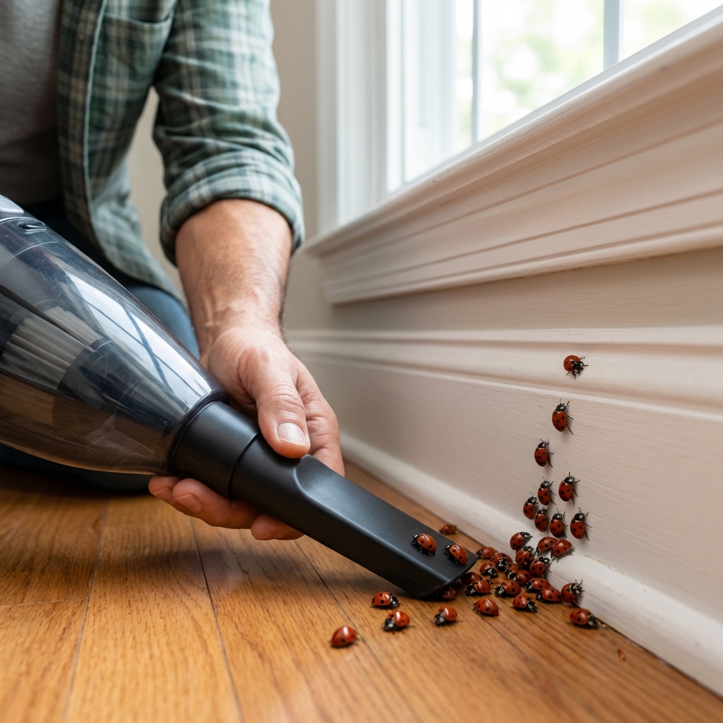 A real photo of a handheld vacuum nozzle being used near a white baseboard where ladybugs are gathered