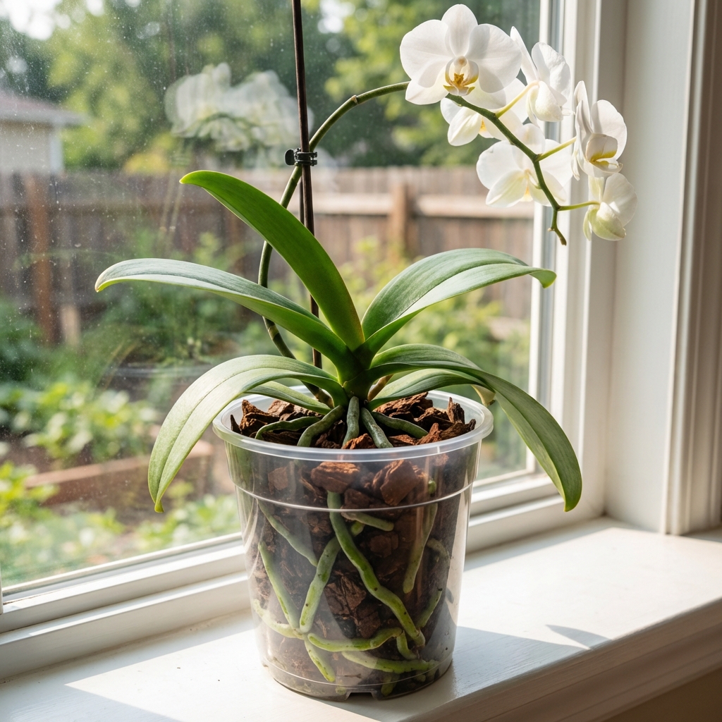 A real photo of a healthy phalaenopsis orchid in a clear pot showing green roots and fresh bark mix on a bright windowsill