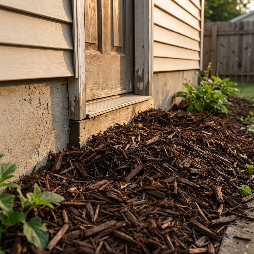 A real photo of a home exterior with mulch touching the foundation near a door threshold