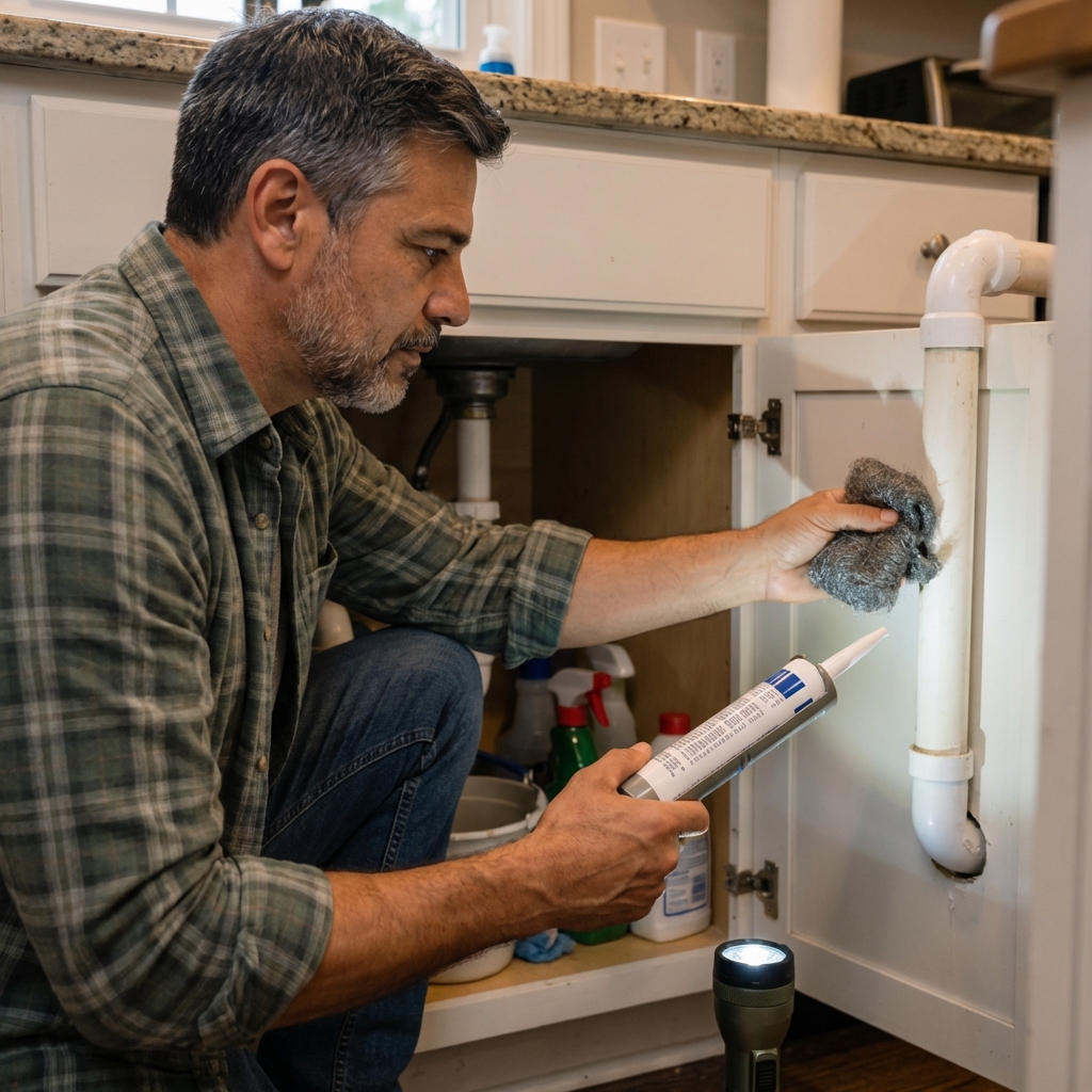 A real photo of a homeowner sealing a small gap around a pipe under a kitchen sink using steel wool and caulk